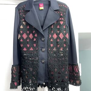 Save the Queen (L) blazer with shaggy edges, black & rose.